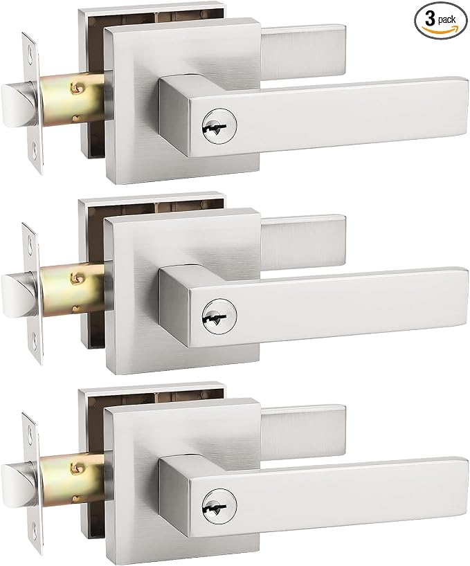 KNOBWELL 3 Pack Door Knobs with Lock and Key, Satin Nickel Entrance Door Lever Security Door Handle for Front Door/Gate/Garage(Different Keys)