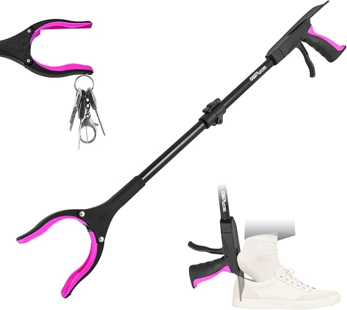 32 inch GrabRunner Folding Reacher Grabber Tool with Shoehorn,360° Rotating Head Grabber Tool with Strong Magnetic,Grabbers for Seniors (Pink)