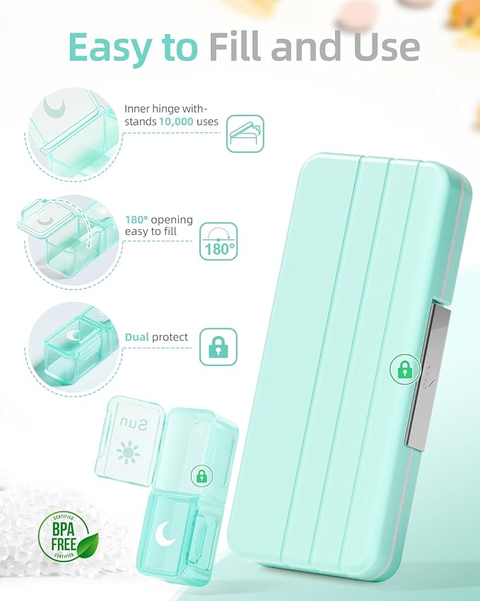 Betife AM PM Pill Organizer 7 Day, Weekly Pill Organizer 2 Times a Day, Daily Pill Box AM PM, Portable Travel Medicine Case, Day and Night Pill Container for Medication, Vitamin or Supplement（GN）