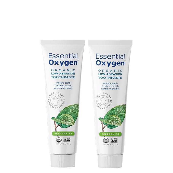Essential Oxygen BR Certified Organic Toothpaste, for Whiter Teeth, Fresher Breath, Happier Gums, Tooth Sensitivity, Peppermint, 4 Ounce, 2 Count