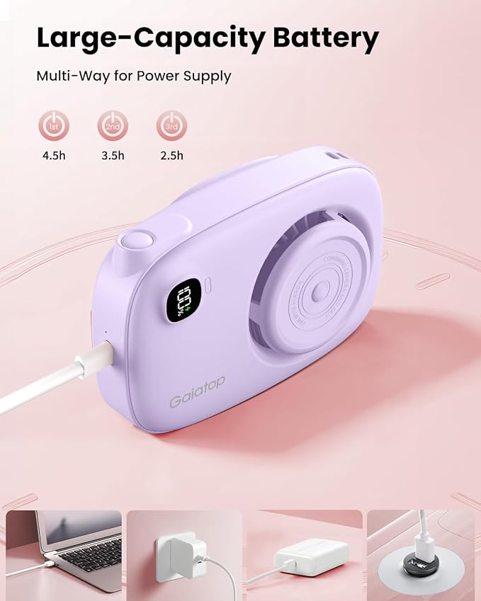 Gaiatop Mini Neck Fan, LED Makeup Mirror, Power Display Portable Fan Purple | 3 Speeds, 360° Rotate Mirror for Handheld Desk Use, Rechargeable Small USB Fan, Personal Cooling Travel Essentials Women Gift