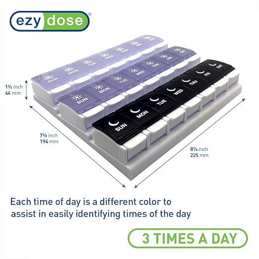 EZY DOSE Weekly (7-Day) Pill Case, Daily Medicine Planner, Vitamin Organizer Container, Large Push Button Compartments, Easy to Use, 3 Times a Day, Spring Open Design, Grayscale Lids, BPA Free