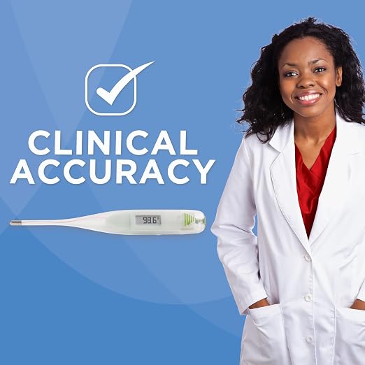 Digital Thermometer | 60-Second Readout | Fahrenheit Measurements | Rigid Tip | Fever Alert | One-Year Warranty | Waterproof Rigid Tip for Oral, Rectal & Underarm Use, Fever Alert at 100.0°F, Memory Recall, Storage Case