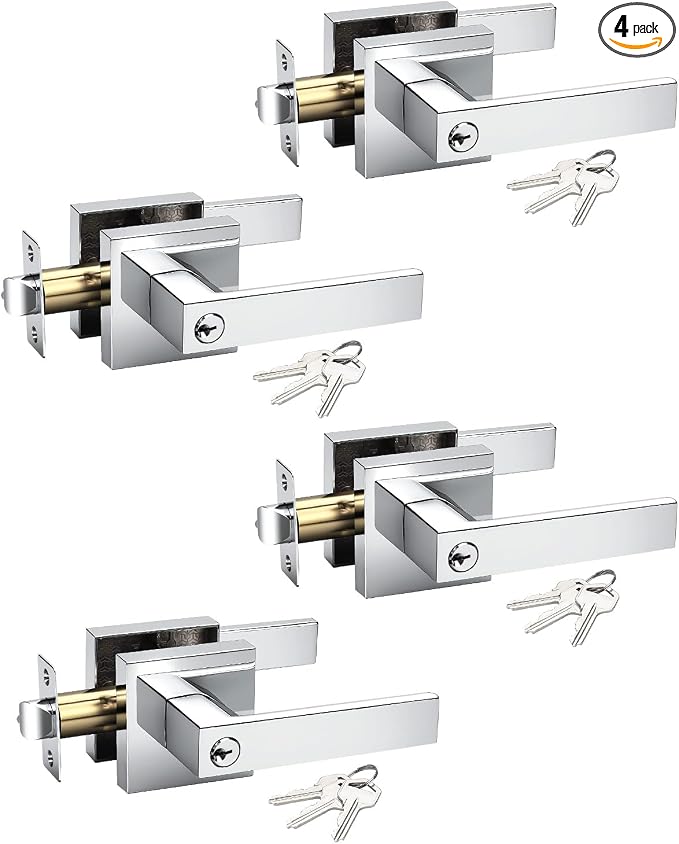 KNOBWELL 4 Pack Keyed Entry Door Handle with Lock and Key, Polished Chrome Keyed Alike Door Handles for Front/Entrance/Bedroom