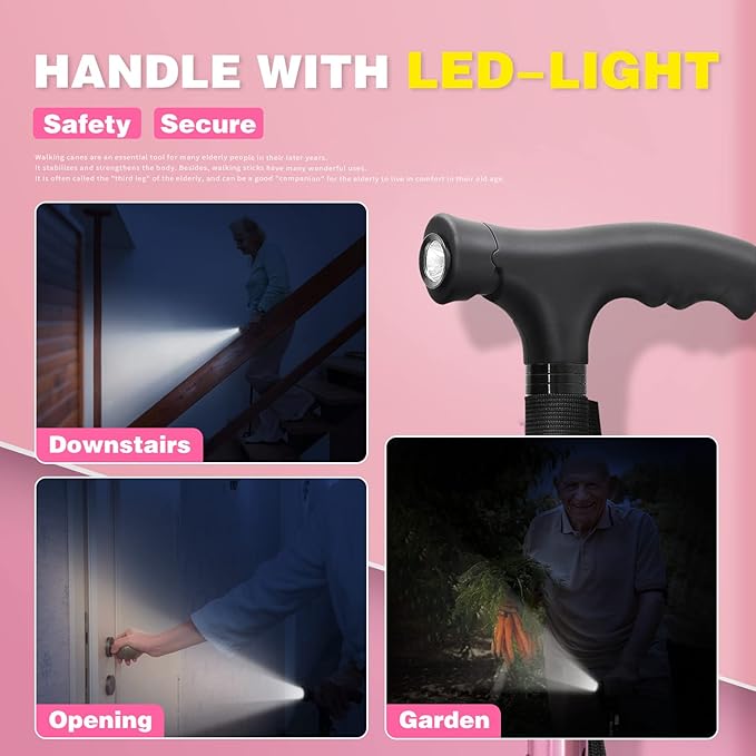BigAlex Folding Walking Cane with LED Light,Pivoting Quad Base,Adjustable Walking Stick with Carrying Bag for Man/Woman (Alloy Base)