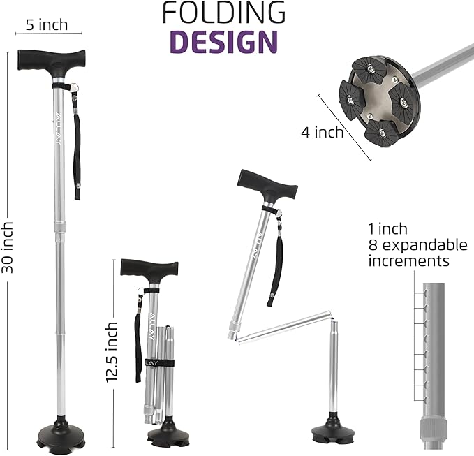 Allay Walking Cane for Men & Women - Foldable, Adjustable, Collapsible Walking Canes for Seniors Balance, Free Standing, Pivot Tip, Heavy Duty, with Travel Bag | Walking Sticks for Seniors & Adults