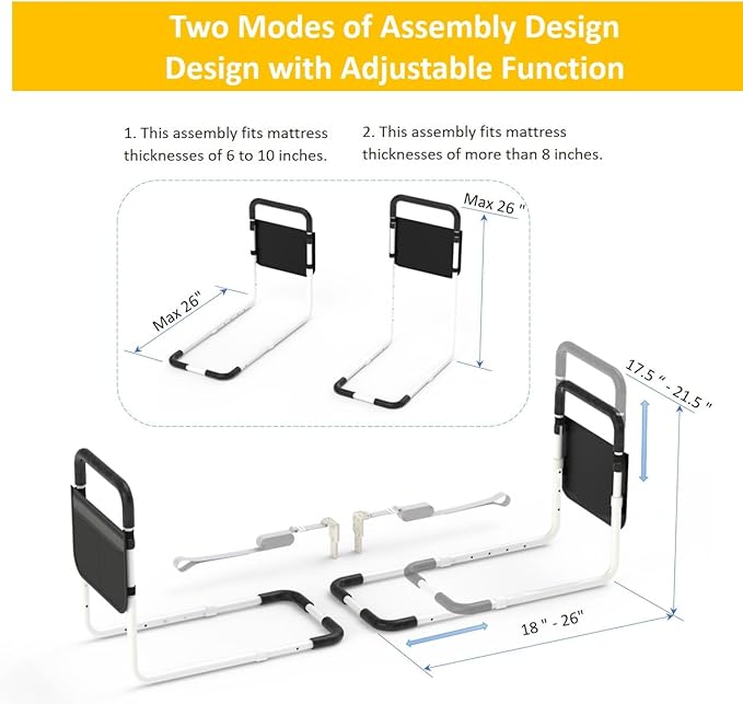 Double Bed Rails for Elderly Adults Safety, Bed Rails for Seniors, Dual Bed Handle Bedside Assist, Adjustable Bed Bar for Fall Prevention, Medical Bed Cane Fits Twin, Queen, Full, King Bed (2 Pack)