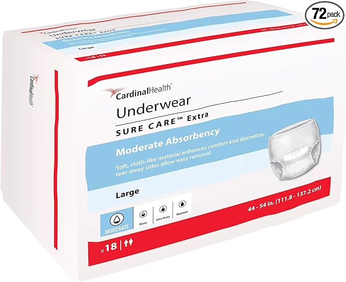 Cardinal Health™ Protective Underwear, Sure Care™ Extra, Moderate Absorbency, Large, Pull-On Adult Disposable Underwear with Tear-Away Seams, Cloth-Like & Discreet - Case of 72 (4 Bags of 18)