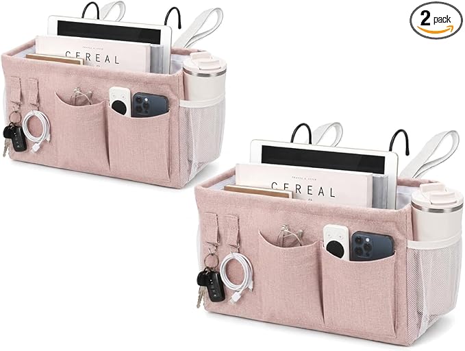 2pc Bedside Caddy Organizer with Hooks, No-Sagging Canvas Hanging Bed Pocket with Water Bottle Holder, Bedside Storage for Dorm Room Essentials, Bunk Bed Accessories, Hospital Bed Rails & Crib (pink)