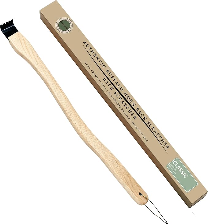 Natural Buffalo Horn Back Scratcher, 17" Curved Beech Wood Handle | Natural Buffalo Horn Tip, 17-Inch Curved Beech Wood Handle, Long Reach, Smooth Rounded Edge, For Men, Women And Seniors