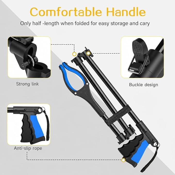 Extra Long Grabber Reacher Tool，Foldable Trash Pick Up Stick for Seniors with Strong Grip Magnetic，360°Rotating Anti-Slip Jaw 4" Wide Claw Opening,Hand Grabber (Blueblack, 44INCH)