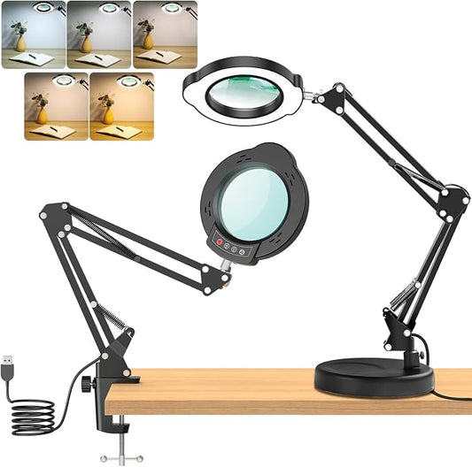 10X Magnifying Glass with Light and Stand, 2-in-1 Adjustable Swing Arm Desk Crafts Clamp Magnifier, Color Temperature LED Lighted Magnifierfor Close Work,Sewing,Crafts,Hobbies,Reading