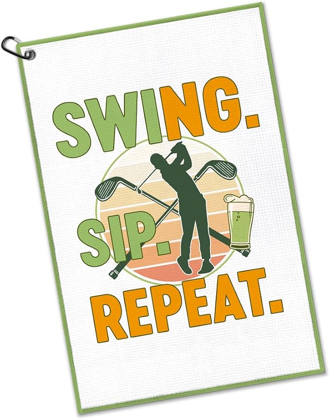 Swing Sip Repeat Golf Towel with Clip, Funny Golf Bag Accessories for Men Women, Golfing Accessories for Men Women, Retirement Birthday Gifts for Golfer, Golfing Gifts for Grandpa Dad Uncle Mom