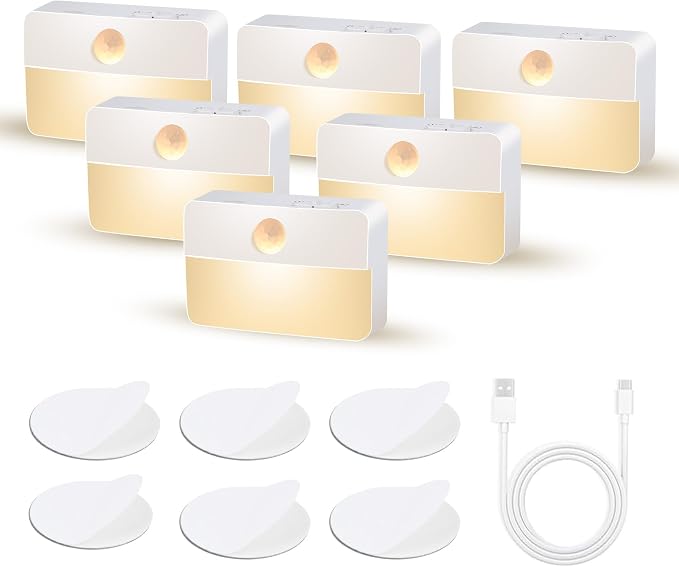 Rechargeable Motion Sensor Lights Indoor: 6 Pack Sensor Stair Night Lights | Rechargeable Sensor Lights LED 35 Lumen 3000k with Magnetic Suck for Step Hallways Closets Bedroom - Indoor Night Light Set