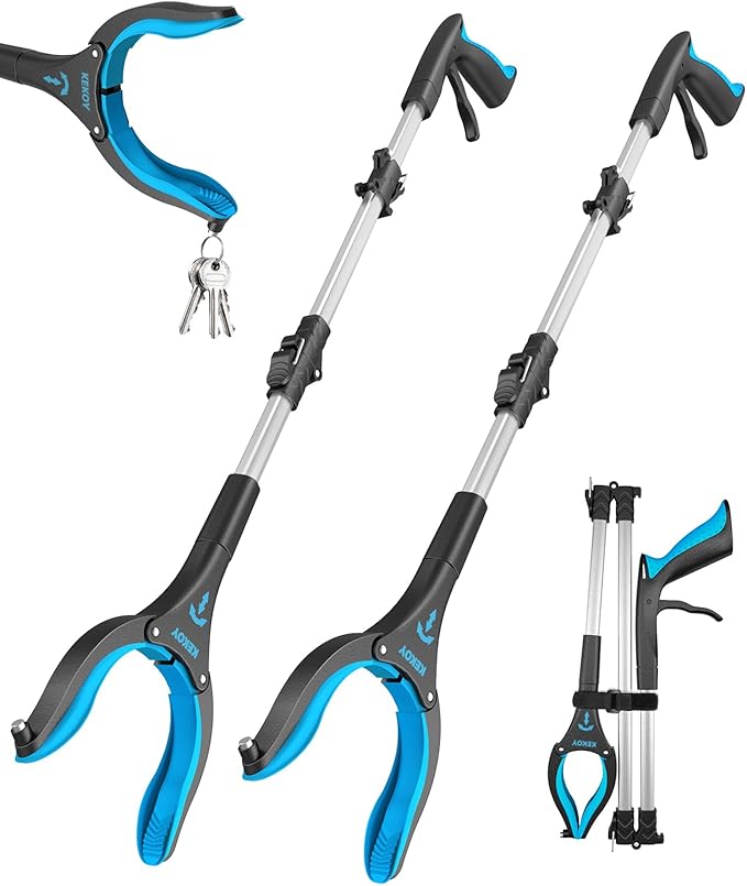 Kekoy 44 Inch Grabber Reacher Tool for Seniors 2 Pack, Foldable Reacher Grabbers Pickup Stick with Anti-Slip 360° Rotating Jaw, 4" Wide Extended Claw with Magnet for Disabled, After Surgery Recovery
