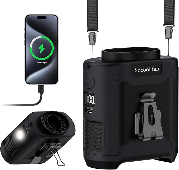Socool 10000mAh Portable Waist Fan Clip on Wearable Belt Personal Fan Rechargeable Battery operated With 5 Speeds & Flashlight Neck Hands-Free 40H Cooling For Outdoor Camping Travel (Black)