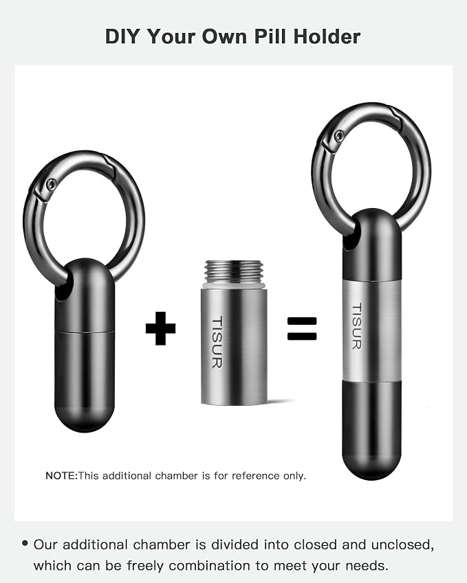 TISUR Small Titanium Keychain Pill Holder, Pocket Pill Case for Travel | Waterproof Pill Fob,Portable Pill Box Container,Purse Pill Organizer Tube
