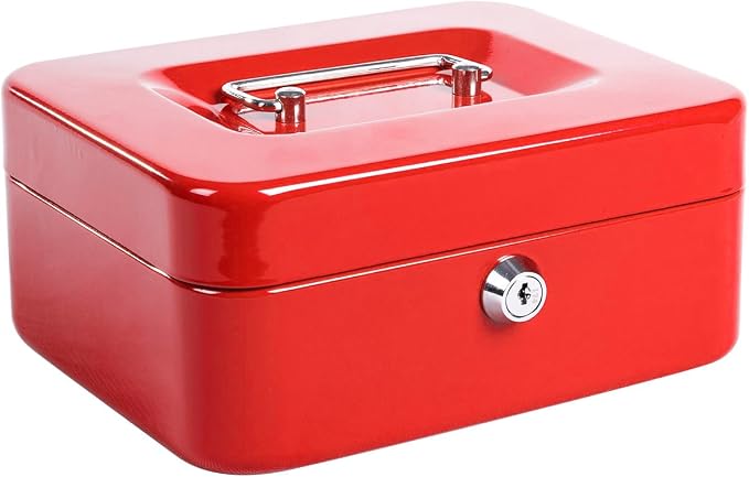 Jssmst Locking Medium Steel Cash Box with Money Tray,Lock Box,Red