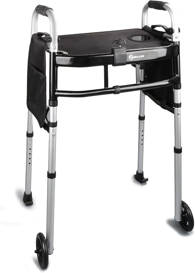 Folding Walker with Tray, 5" Wheels Lightweight Walkers for Seniors and Adults, Supports Up to 350 Pounds, Adjustable Height, Compact Standard Walker, Black