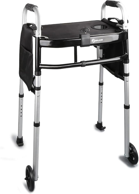 Folding Walker with Tray, 5" Wheels Lightweight Walkers for Seniors and Adults, Supports Up to 350 Pounds, Adjustable Height, Compact Standard Walker, Black