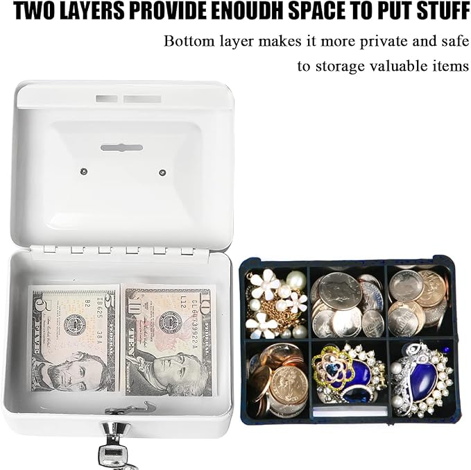 Jssmst Small Lock Cash Box, Locking Money Box for Kids with Slot on Top, White Lock Box, 5.91 x 4.72 x 2.95 inches, CB003-W
