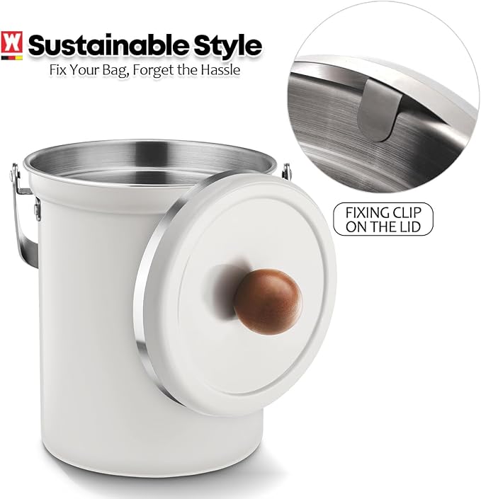 WAGENSTEIGER Kitchen Countertop Compost Bin 101ounces / 3Liters, Airtight Lid SUS304 Stainless Steel Odor-Free Food Waste Bin with Wooden Handle Stylish Design/Bathroom Trash Can (White)