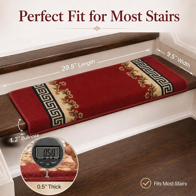 Rounded Bullnose Carpet Stair Treads for Wooden Steps Indoor, No Tape Non Slip Step Mats with TPU Backing & Steel Reinforced Edge for Dogs Elders,Red Border,2