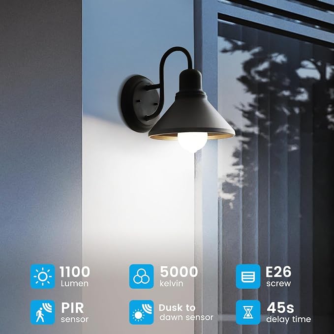 Motion Sensor Light Bulbs, Dusk to Dawn, 13W 100W Equivalent, Movement Activated Security LED Bulb, 5000K Cool White, for Outdoor Indoor, Porch Garage Basement Hallway Closet, 2 Pack