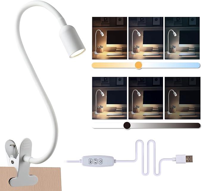 LED Reading Lights for Bed Headboard, Clip on Spotlight Lamp for Desk, Dorm Bed, Dimmable USB Clamp Book Light with Flexible Gooseneck, Change Color Temperature 3000/4000/6000K
