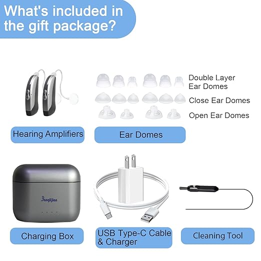 Banglijian Small Rechargeable BTE Hearing Aids for Moderate to Moderate-Severe Hearing Loss Seniors, 16-Channel Noise Reduction, Large Capacity Charging Box, Home & Travel Use (Gray-Black)