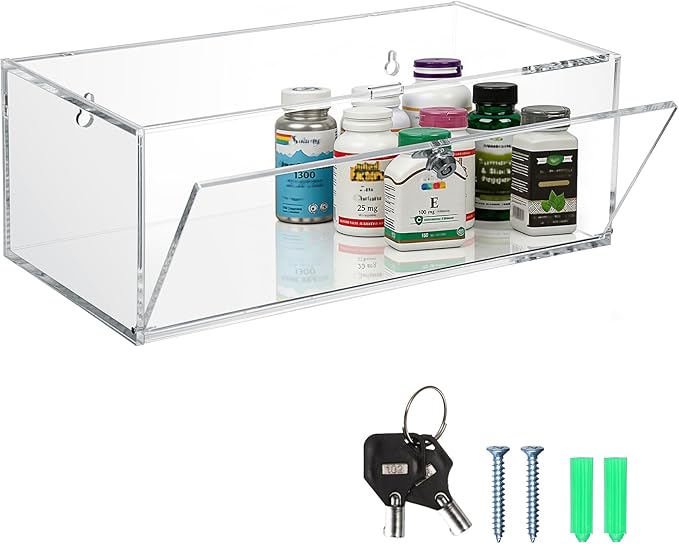 JUXYES Acrylic Clear Refrigerator Medicine Organizer Box with Lid and Lock for Wall and Tabletop - Transparent Medicine Storage Bin - Stackable Fridge Lockable Pill Container for Medical Supplies, L ﻿