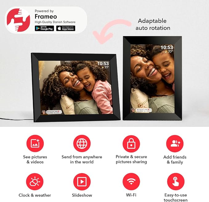 FRAMEO 10.1 inch 32GB Digital Picture Frame, IPS LCD Touch Screen, Auto-Rotate Easy Setup to Share Photos & Videos via Frameo from Anywhere, Gifts for Parents and Grandparents