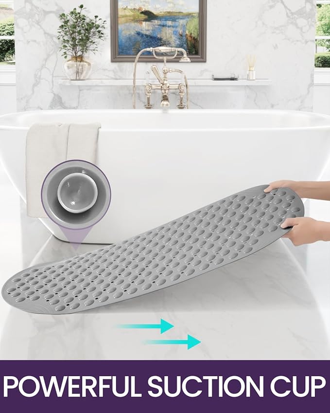 DEXI Bathtub Mat Non Slip 16x35, Shower Floor Mats for Bathroom Bath Tub, Washable Oval Bathmat with Suction Cups and Drain Holes, Gray