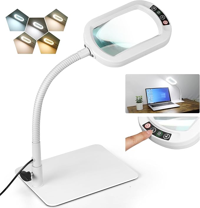 Veemagni 12X Rectangle Magnifying Glass with Light and Stand, Flexible Gooseneck LED Lighted Desk Lamp, 5 Color Modes Stepless Dimmable, Hands Free Magnifier for Reading Painting Close Work - White