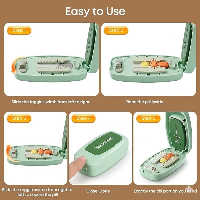 Pill Cutter for Small & Tiny Pills - Adjustable Multi-Cut Tablet Splitter (1/2, 1/3, 1/4 Cuts,) | Safe Hidden Blade & Portable Carry Around Pill Splitter for Cuting Vitamins, Tablets (Matcha Green)