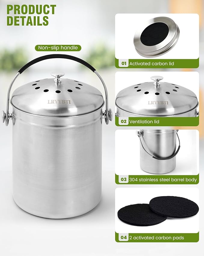 Countertop Compost Bin Kitchen Stainless Steel 1.3 Gallon | With Lid, 2 Charcoal Filter for Odorless Composting, SOFT-GRIP Handle