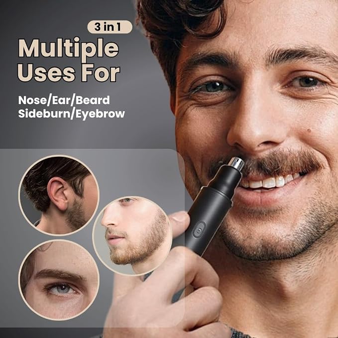 Rechargeable Ear and Nose Hair Trimmer for Men Women, Professional Hypoallergenic 3IN1 Eyebrow & Facial Hair Trimmer, Gentle Dual Blades, USB-Type C Fast Charge, Portable with Detachable Head
