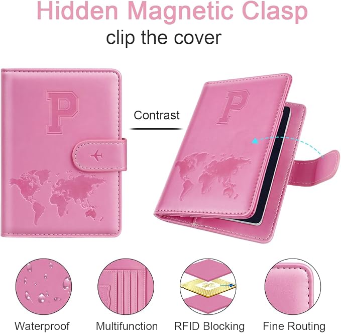 Passport Holder Cover Initial Letter A-Z Travel Wallet Personalized | Travel Essentials, Embossed Design, RFID Blocking, Personalized Gift, Passport Book Holders for Women Girls, Pink-P