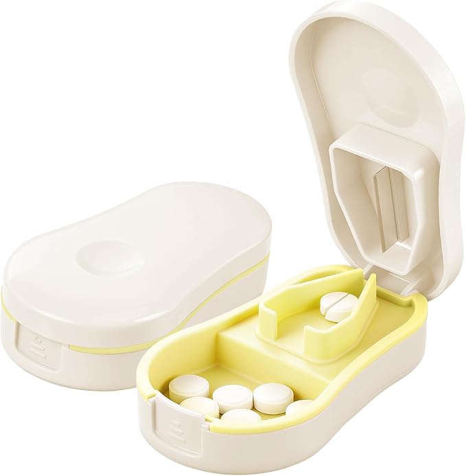 Pill Cutter Splitter for Small and Tiny Pills - Premium Silicone Precision Pill Splitter - Designed for Swallowing Difficulties & Pets. Nonslip Pad. Wrap-Around Blade Guard. Back Storage (White)
