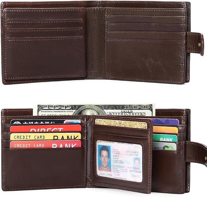 GOIACII Mens Wallet Large Capacity Genuine Leather RFID Blocking Bifold Wallets for Men with ID Window and 15 Card Slots