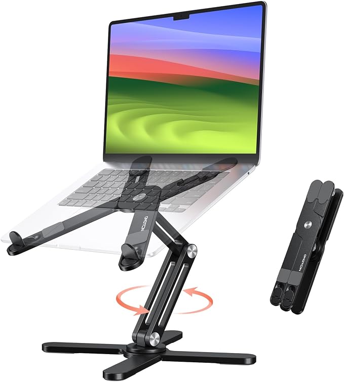 OMOTON LA10 360° Rotating Laptop Stand Riser Foldable for Desk, Black | Aluminium Aolly, Adjustable Height Angles, Collaborative Work, Easy Storage, Fits Laptops up to 17", for MacBook Pro/Air HP