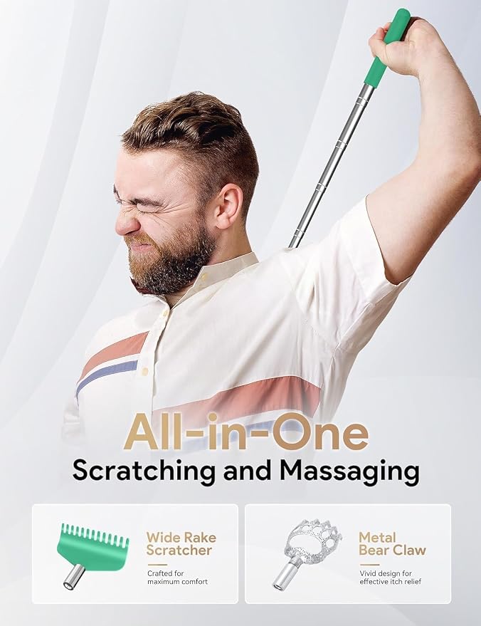 Telescoping Back Scratcher with 5 Detachable Heads, Gift for Men Cyan | 10-30" Reach, Stainless Steel Pole, Rubber Grip, Christmas Stocking Stuffers, White Elephant, Anniversary and Birthday Gift