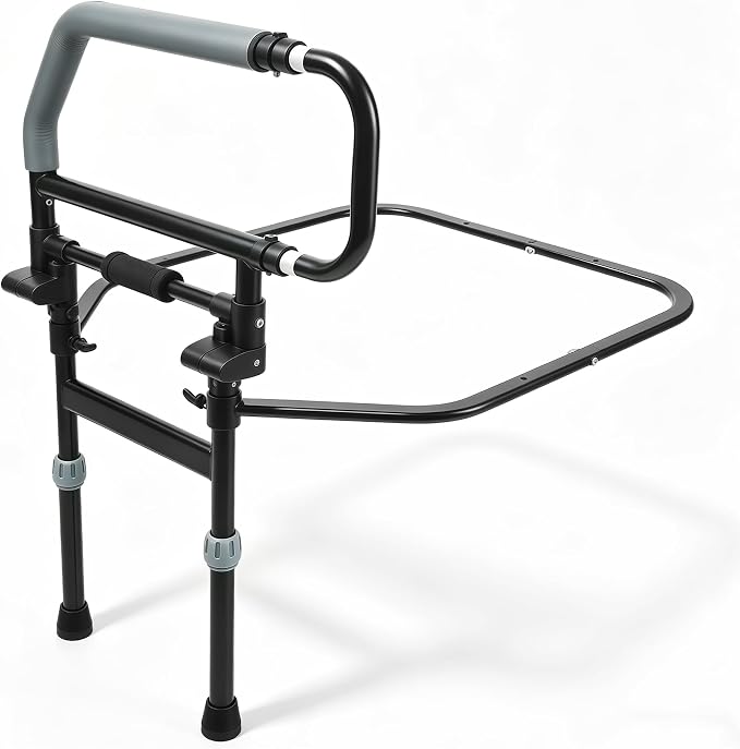Safety Bed Rail for Elderly Adults - Foldable Bed Assist Rail with Adjustable Height & Storage Pocket, Bedside Support Handle for Seniors, Post Surgery Recovery & Fall Prevention