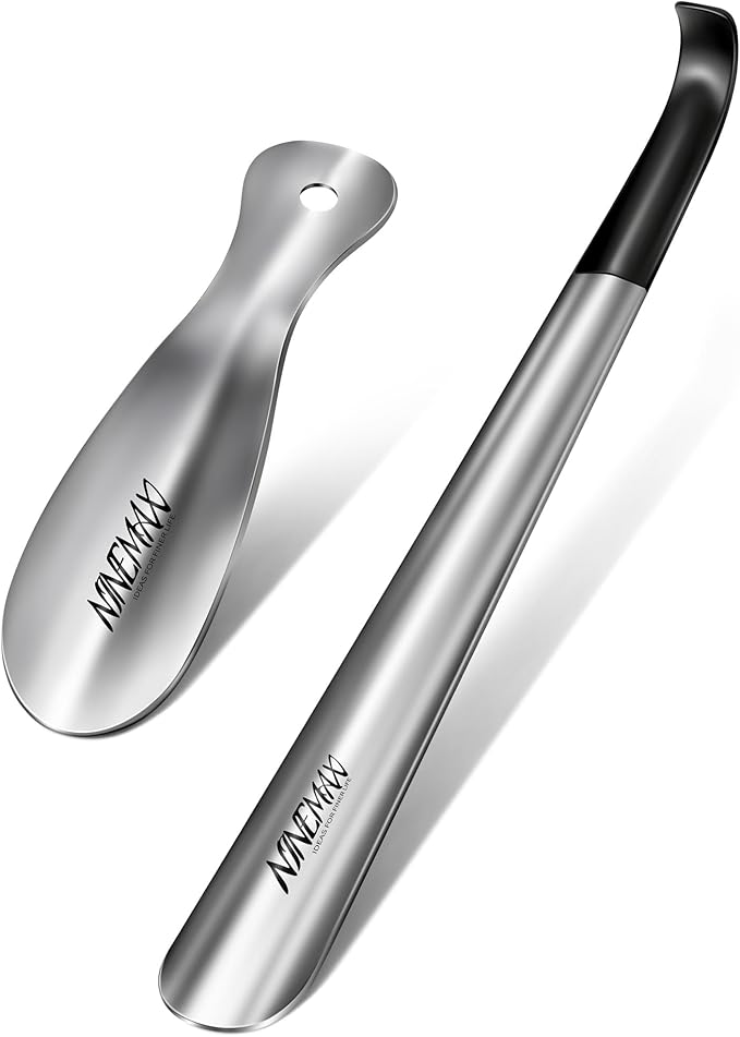 NINEMAX Extra Long Handle Shoe Horn (16.5") & (7.5") Travel Shoe Horns, 2 Pack Metal Shoe Horns for Seniors, Men, Women, Kids | 2 Size Shoe Horn Set, Stainless Steel Design, 16.5" Long Handle For Seniors, 7.5" Travel Size Fits Bags, Daily Shoe Helper
