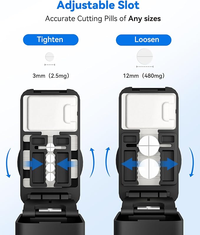 Pill Cutter Splitter for Small and Tiny Pills - Professional 1/2 1/4 Pill Splitter with Sawtooth Adjustable Slots, Accurately Cut Multiple Tablets with Stainless Steel Blade & Silicone Storage Box