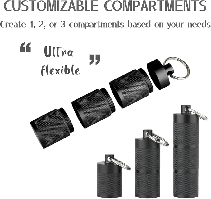 Waterproof Keychain Pill Holder - 3-Compartment, Black | Anodized aluminum with a keyring. 3 detachable layers. Pocket-sized, rustproof EDC pill container