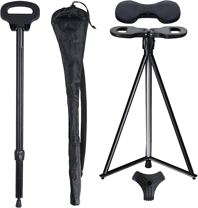 Cane with Seat Foldable Chair Cane,Walking Stick Cane, Folding Walking Cane for Men & Women with Travel Bag and 2 Base Canes and Cushion for Outdoor Hiking