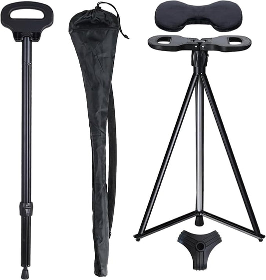Cane with Seat Foldable Chair Cane,Walking Stick Cane, Folding Walking Cane for Men & Women with Travel Bag and 2 Base Canes and Cushion for Outdoor Hiking