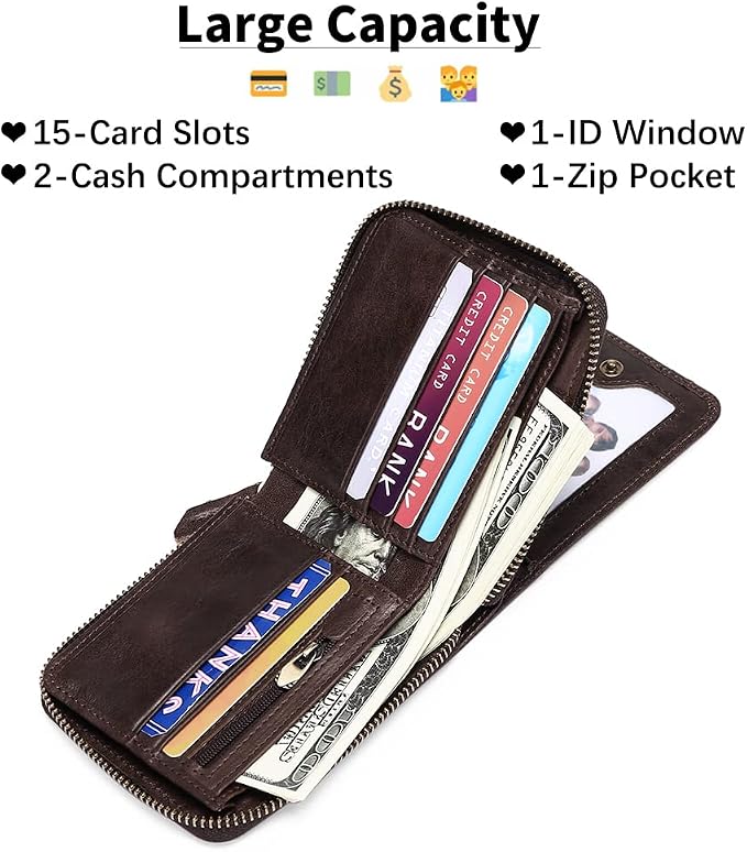 GOIACII Wallets for Men Genuine Leather Front Pocket Wallet RFID Zip Around Bifold Credit Card Holder | RFID