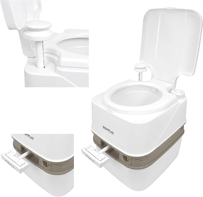 SEAFLO Premium Camping Portable Toilet - 5.8 Gallon Waste 3.43 Gall Fresh Tank (100 Flushes), 440 lbs Max Weight, Level Indicator, Sealed Waste Tank for RV, Boat, Elderly, Off-Grid, 4-Year Warranty